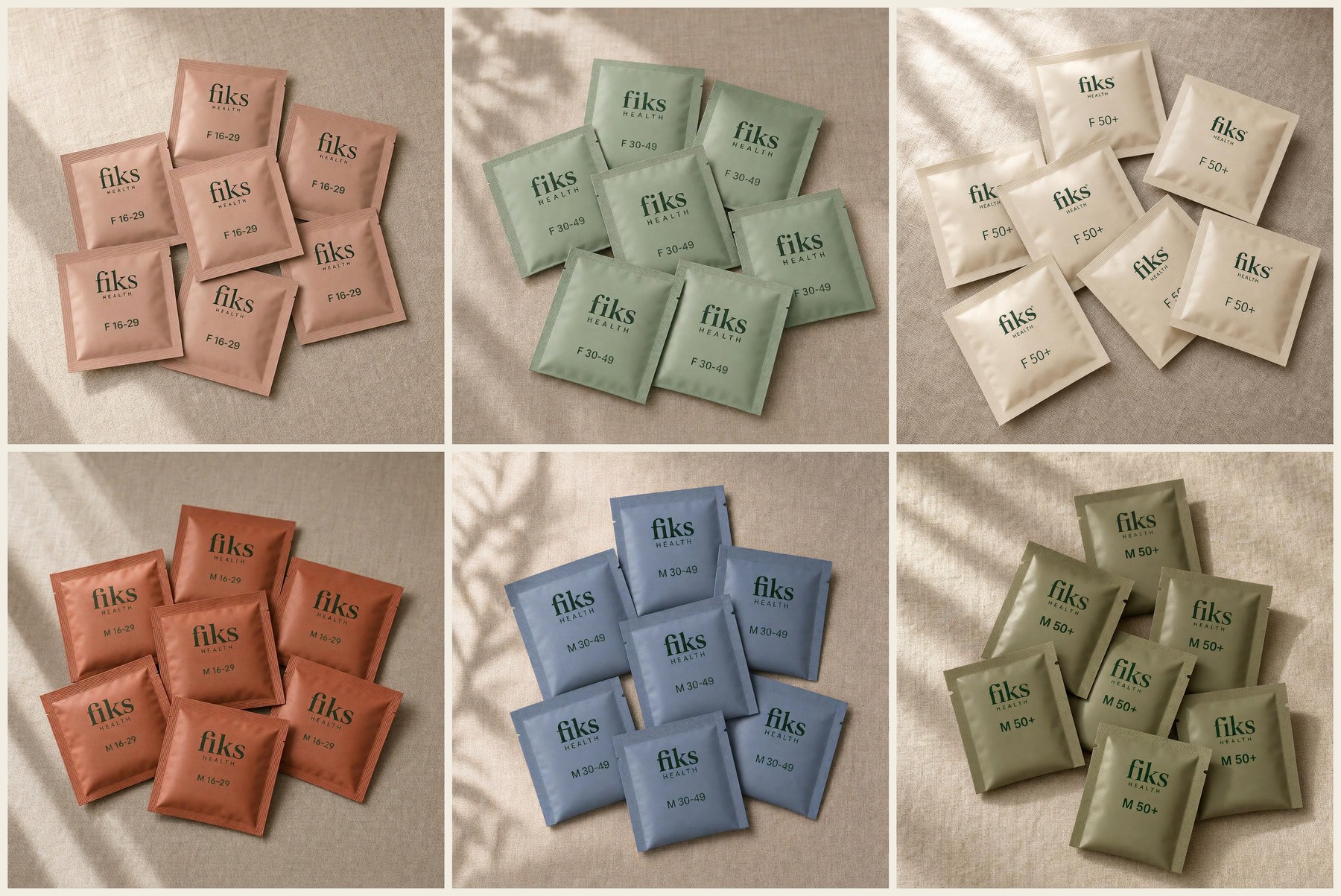 All six Fiks sachets in terracotta, dusty sage, warm cream, warm rust, steel blue and earthy khaki, scattered on natural linen